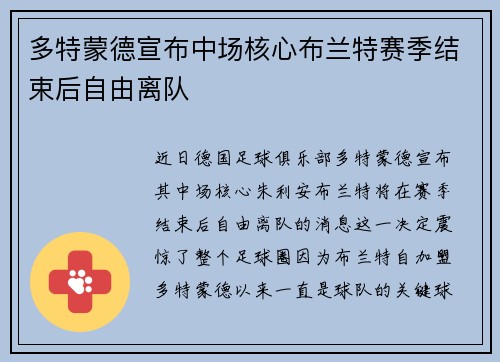 多特蒙德宣布中场核心布兰特赛季结束后自由离队
